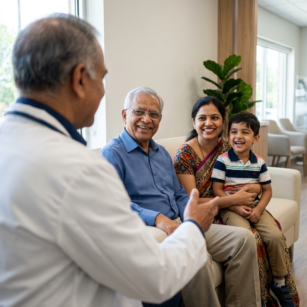 Happy family sharing a joyful moment with healthcare doctor